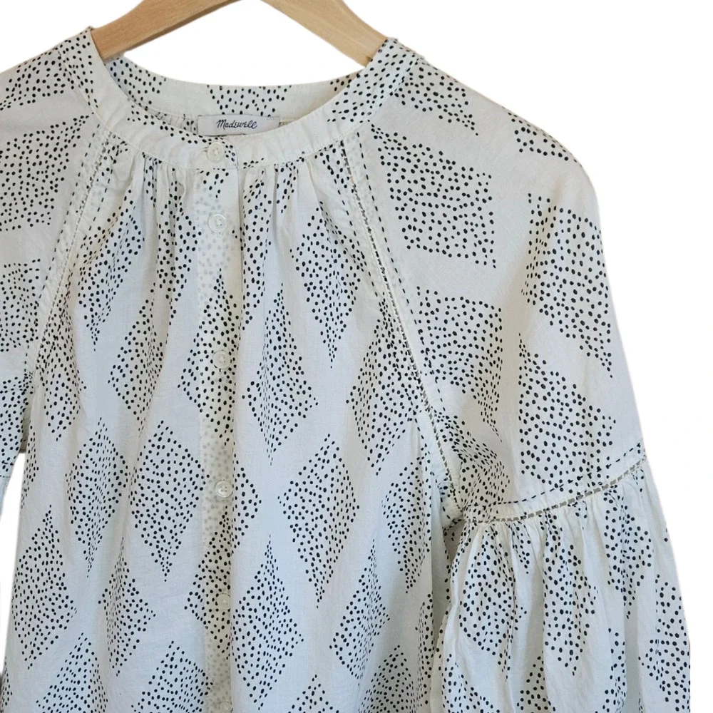 Madewell Women's White Dotted Diamond Puff Sleeve Button Front Top Small